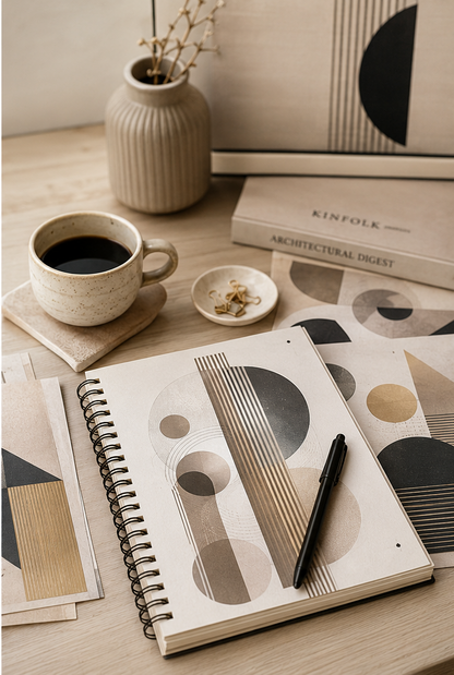 A styled desk scene with a spiral notebook in the foreground featuring an abstract geometric print in beige, black, and gray. A black pen rests on the notebook, alongside scattered matching printed sheets, a ceramic coffee cup, a small dish with clips, a ribbed vase with dried stems, and books including one titled 'KINFOLK ARCHITECTURAL DIGEST'.