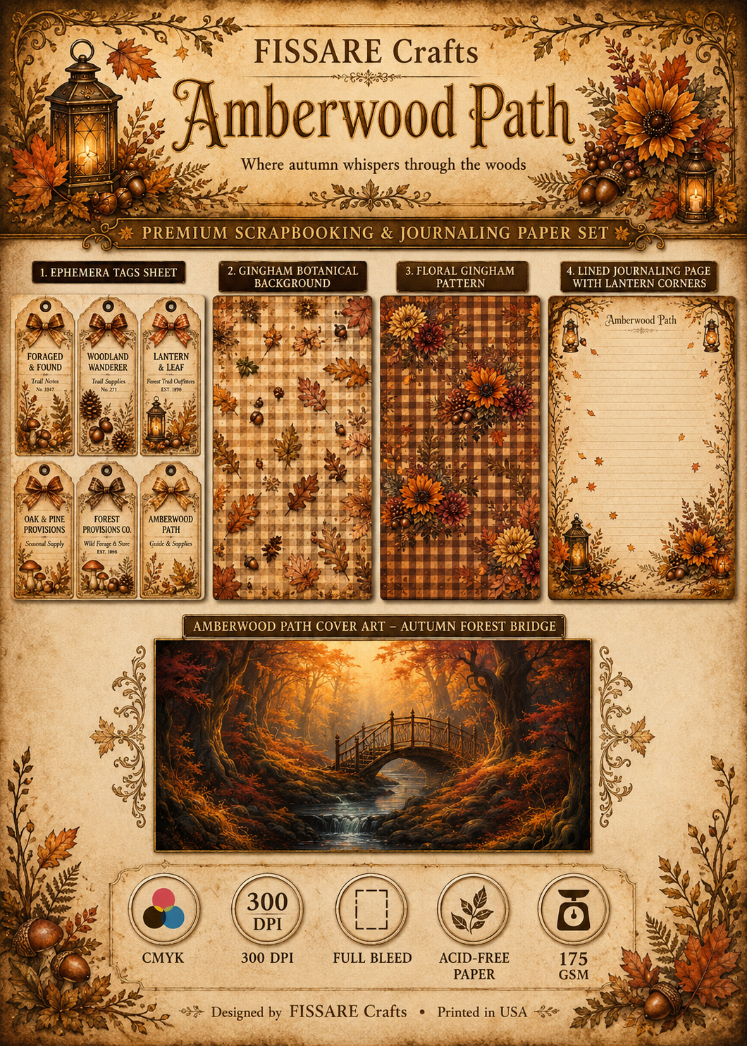 FISSARE Crafts Amberwood Path Scrapbook & Journaling Paper Set – 30 Sheets