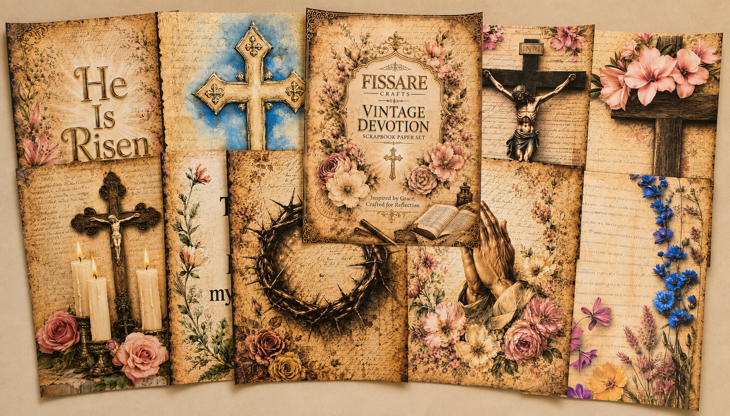A set of six vintage-style Christian art prints arranged side-by-side, featuring religious motifs like a cross, crucifix, crown of thorns, praying hands, candles, and flowers on a parchment-textured background.