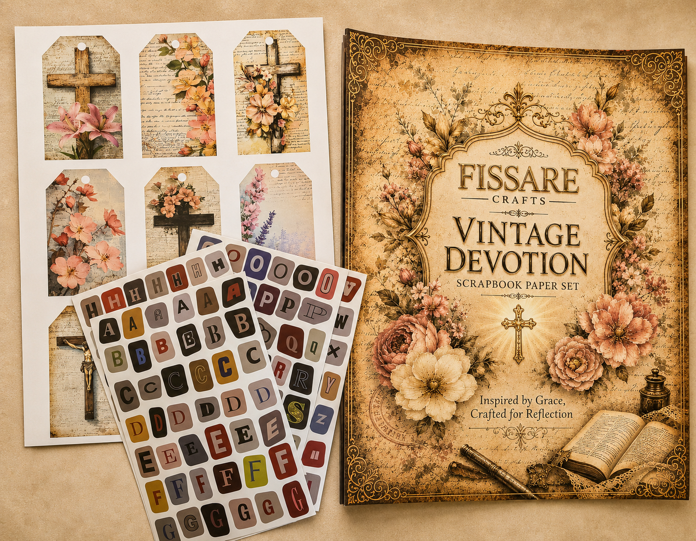 Fissare Crafts 'Vintage Devotion' scrapbook paper set, featuring a large decorative cover card, a sheet of floral and cross-themed tag stickers, and a sheet of alphabet stickers on a textured beige background.