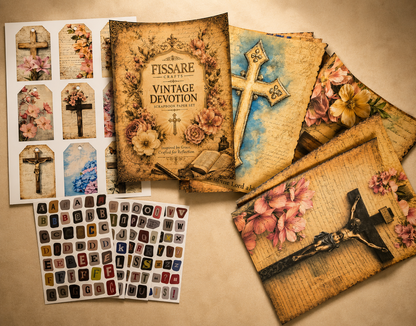 A flat-lay display of vintage-style religious craft sheets and stickers featuring crosses, flowers, scripture text, and decorative labels on a beige background.