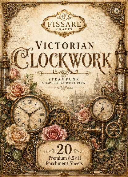 Victorian Clockwork Steampunk Scrapbook Paper Set – 20 Premium 8.5×11 Sheets