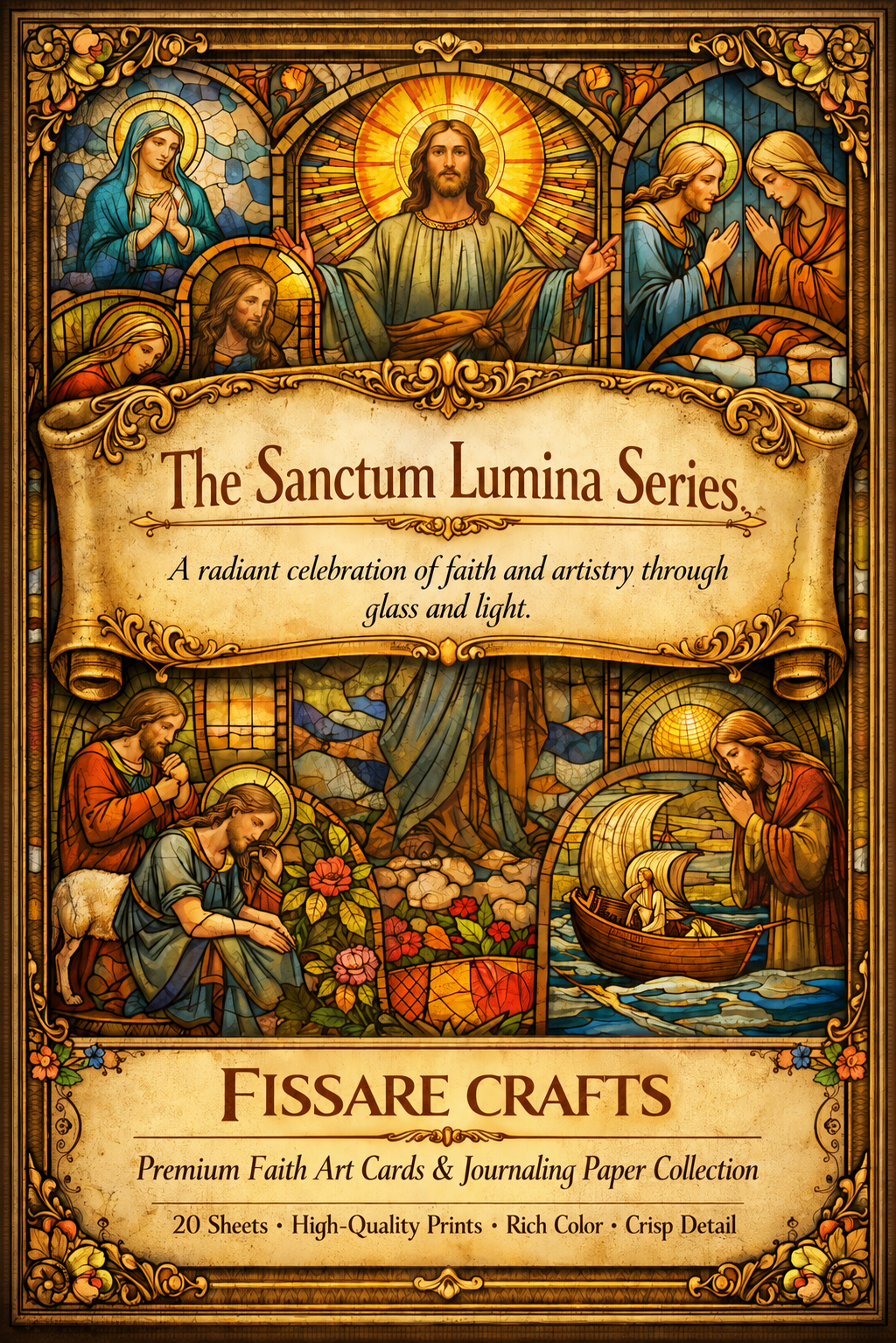 The Sanctum Lumina Series Scrapbook Paper Set by FISSARE CRAFTS – Stained Glass Faith-Inspired Journaling Papers, 20 Sheets, Premium 175 GSM Cardstock