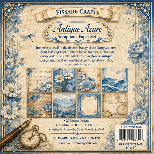 Antique Azure Botanical Scrapbook Paper Set - 20 6x6 Sheets - Vintage Floral & Nature Designs for Journaling