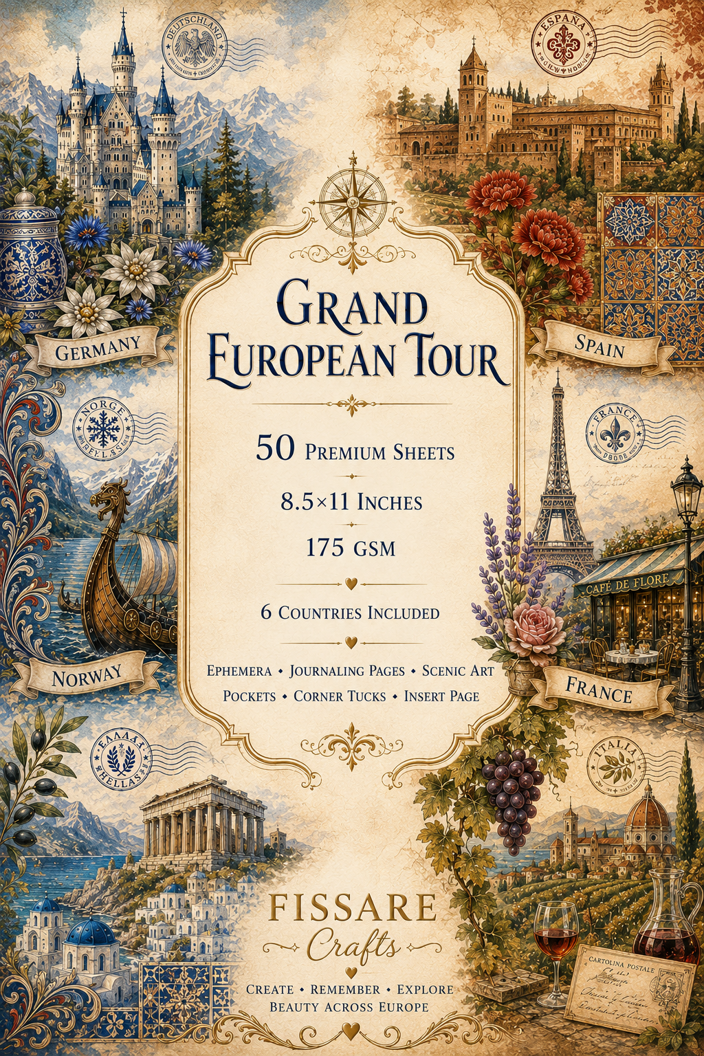 A vintage-style travel poster for a 'Grand European Tour' with ornate cream central label, decorative borders, and illustrated landmarks from Germany, Spain, France, Italy, and others. Text reads '50 Premium Sheets', '8.