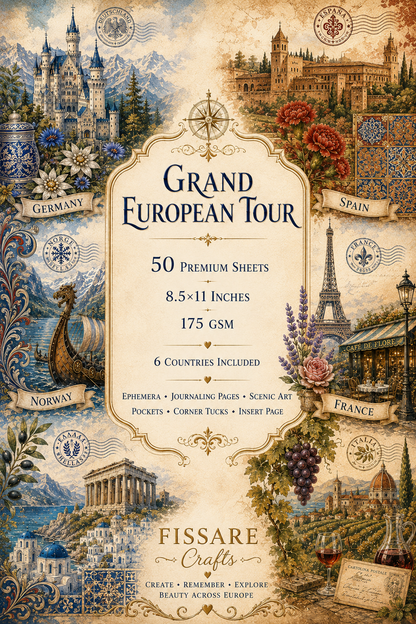 A vintage-style travel poster for a 'Grand European Tour' with ornate cream central label, decorative borders, and illustrated landmarks from Germany, Spain, France, Italy, and others. Text reads '50 Premium Sheets', '8.