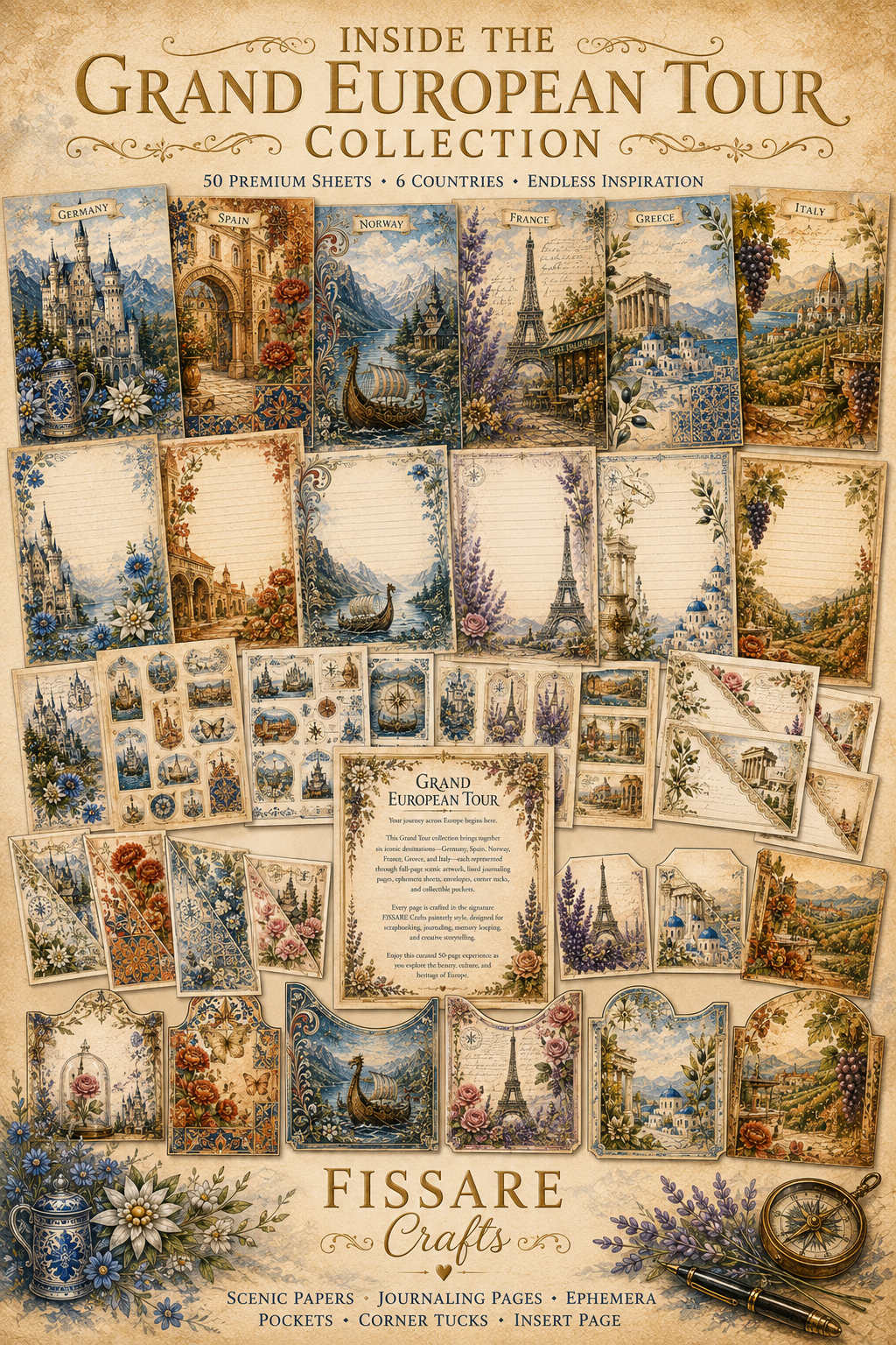 Front cover of the Grand European Tour Collection by Fissare Crafts, featuring a collage of vintage-style travel postcards, journaling pages, envelopes, and decorative craft elements in soft pastel and sepia tones.