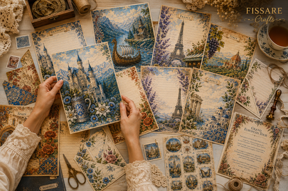 A styled flat-lay of vintage French-themed stationery and art prints, with two hands holding a castle illustration card. The set includes Eiffel Tower, castle, boat, and garden designs on aged paper, alongside scissors, tape, a teacup, and decorative elements.