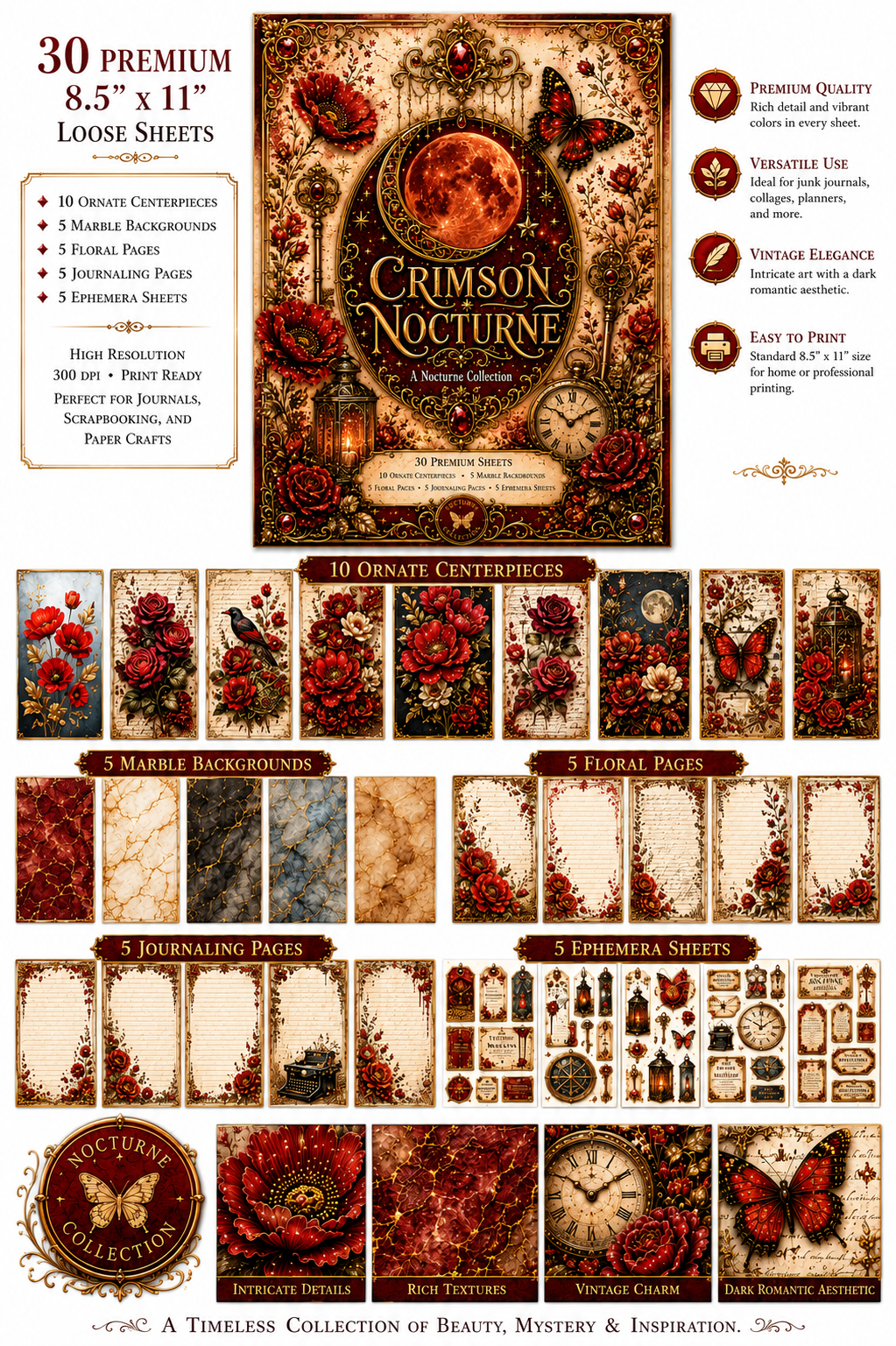Crimson Nocturne premium 8.5×11 scrapbook paper collection product display