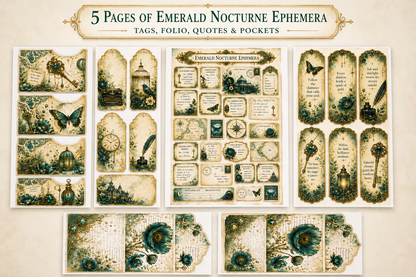 A collage showing multiple decorative paper sheet designs with vintage nocturne illustrations, including butterflies, lanterns, compasses, and text panels. The top banner reads '5 Pages of Emerald Nocturne Ephemera Tags, Folio, Quotes & Pockets.