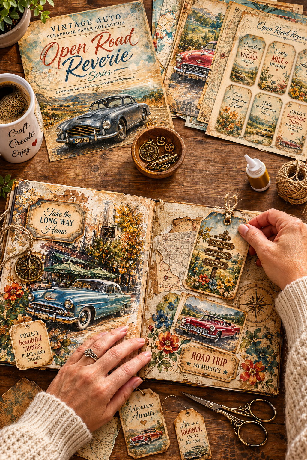 A styled flat-lay of vintage-inspired craft paper and scrapbook elements on a wooden table. An open book-like paper collage shows retro car illustrations, map textures, and labels such as 'Open Road Reverie' and 'Road Trip Memories.