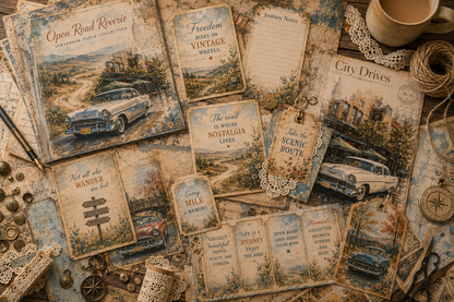 A styled flat-lay of vintage paper collectibles and printed cards featuring retro road-trip illustrations, aged letter paper, labels, and rustic decorative props on a neutral surface.
