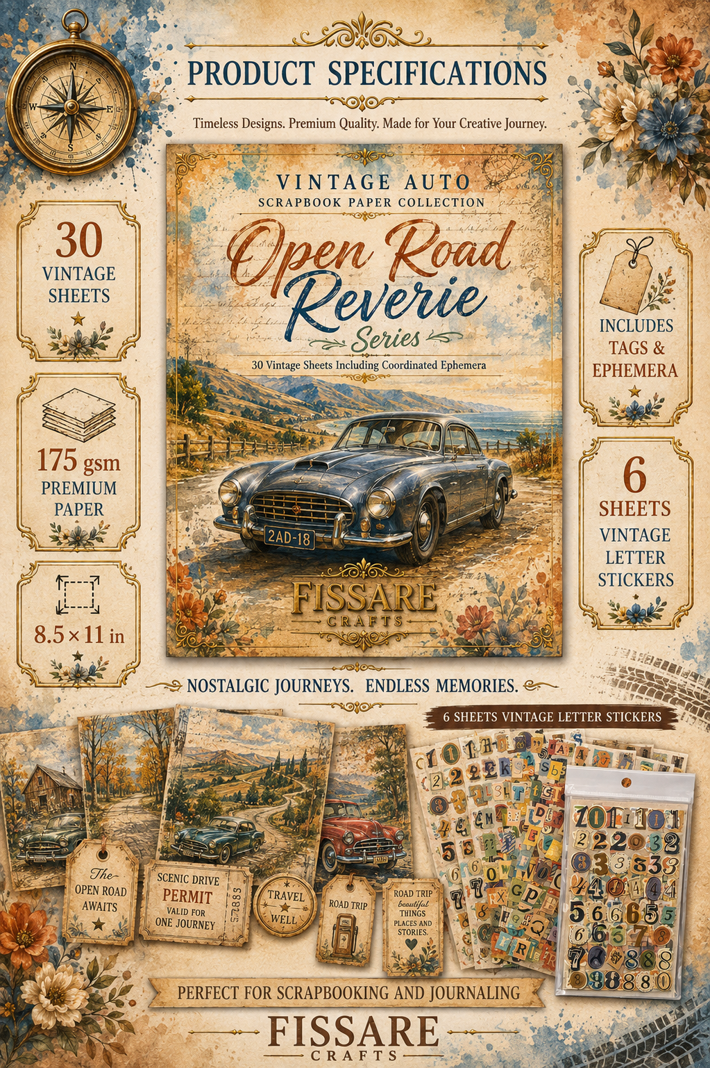 Product specifications sheet for the Fissare Crafte Vintage Auto Open Road Reverie Series scrapbooking paper collection, featuring a vintage car illustration, product details like 30 vintage sheets and 175 gsm premium paper, and sample sheets of letter stickers and numbers.