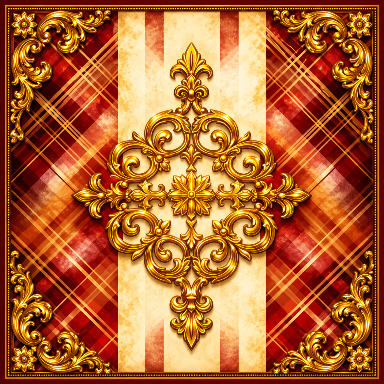 Ornate gold baroque-style filigree ornament centered over a red and cream striped background with diagonal plaid accents and a decorative border.