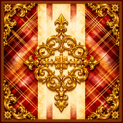 Ornate gold baroque-style filigree ornament centered over a red and cream striped background with diagonal plaid accents and a decorative border.