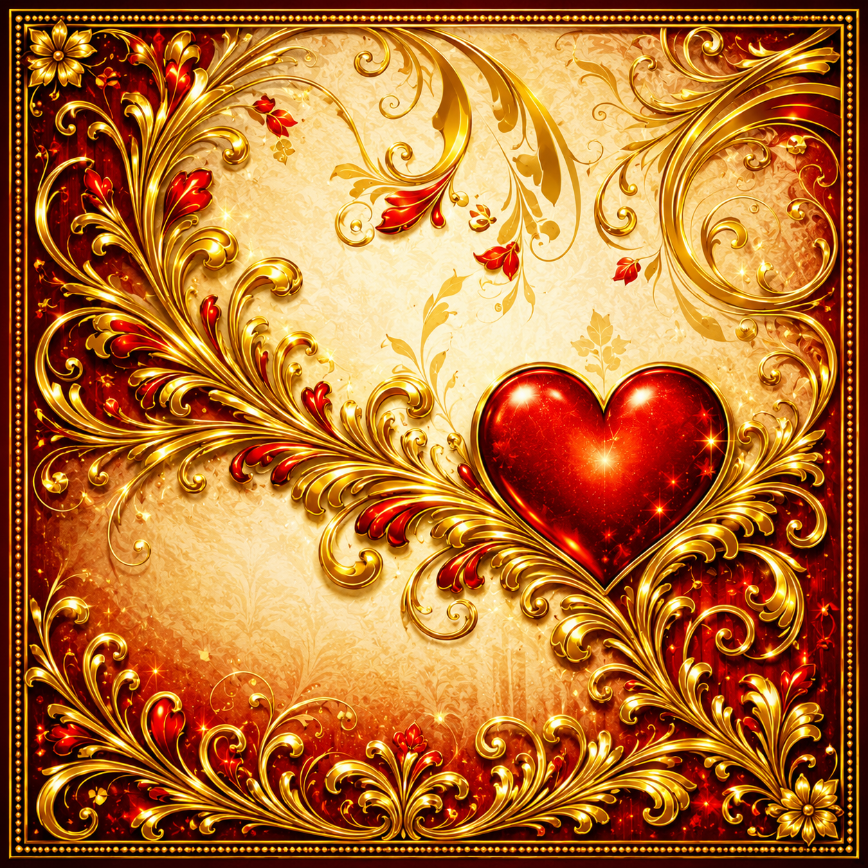 A square decorative graphic with ornate gold baroque flourishes, red floral accents, and a glossy red heart on a warm beige and red textured background.