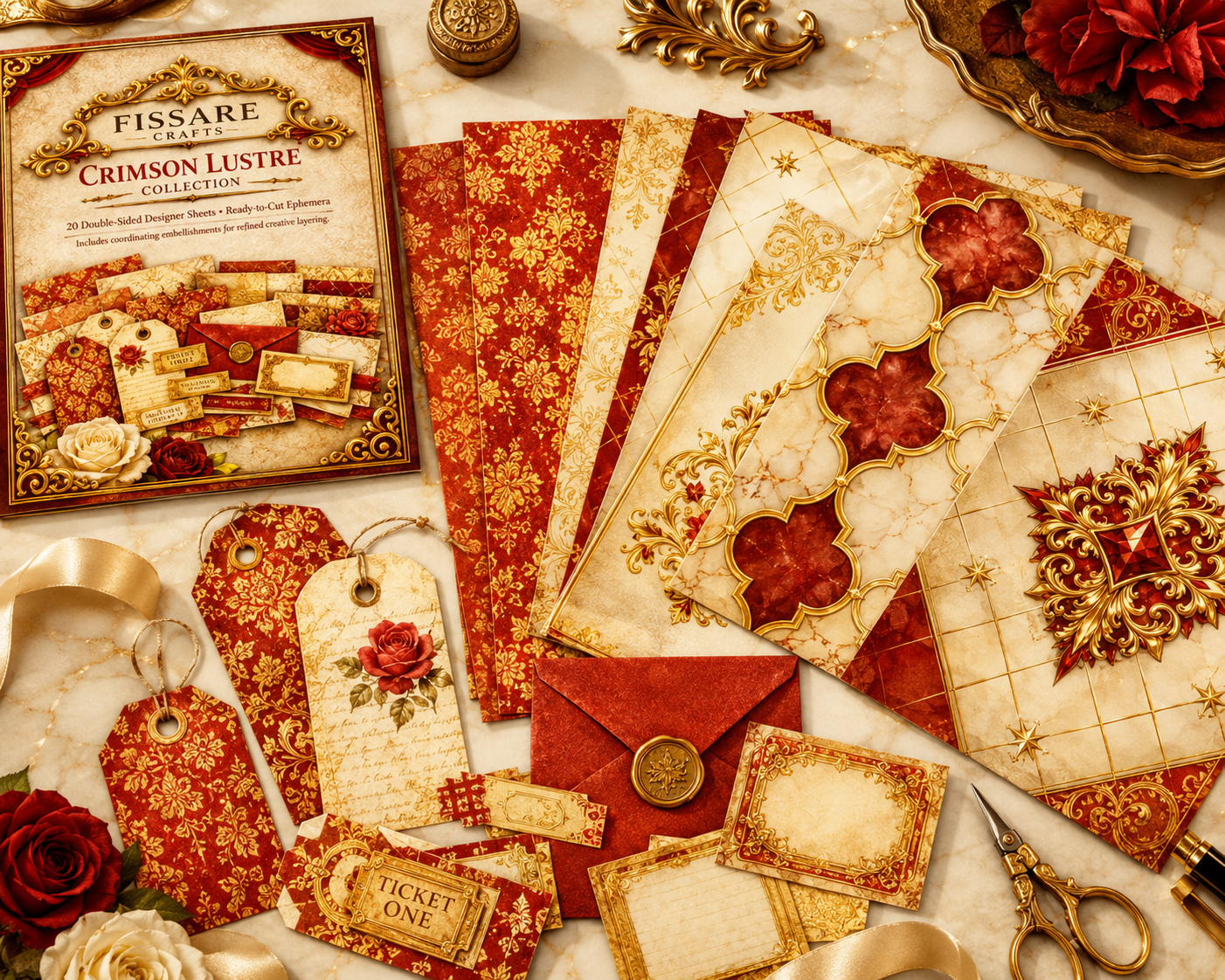 A styled flat-lay of a paper crafting collection kit called 'Fissare Crafts 'Crimson Lustre'. The set includes multiple sheets of red and gold patterned paper, red envelopes, decorative paper tags, and vintage-style ticket labels, arranged on a marble surface with rose props and scissors.