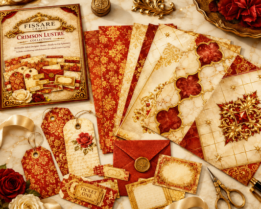 A styled flat-lay of a paper crafting collection kit called 'Fissare Crafts 'Crimson Lustre'. The set includes multiple sheets of red and gold patterned paper, red envelopes, decorative paper tags, and vintage-style ticket labels, arranged on a marble surface with rose props and scissors.
