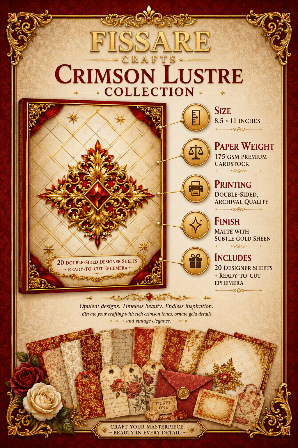 Crimson Lustre luxury scrapbook paper Specification sheet with gold frame, 20 double‑sided sheets and ephemera in red, gold and cream tones”