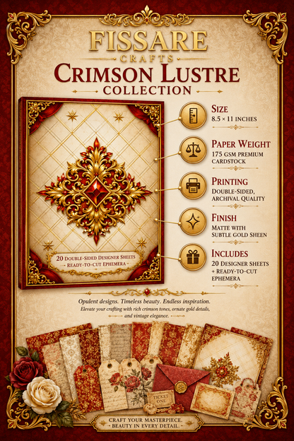 Crimson Lustre luxury scrapbook paper Specification sheet with gold frame, 20 double‑sided sheets and ephemera in red, gold and cream tones”