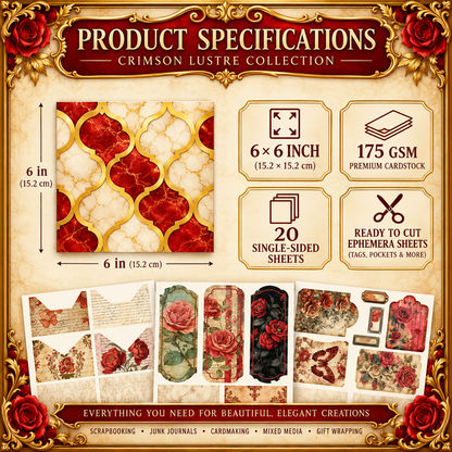 Product specifications graphic for the Crimson Lustre Collection ephemera sheets, showing a 6x6 inch red and cream marble patterned sheet, dimensions, GSM weight, number of single-sided sheets, and usage examples for scrapbooking, cardmaking, mixed media, and gift wrapping.