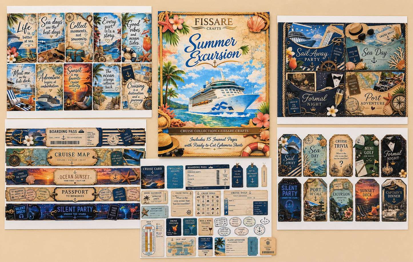 A coordinated set of nautical and summer-themed printed cards, labels, and small decorative pieces arranged on a beige background. The designs feature tropical beach scenes, cruise ship artwork, palm trees, seagulls, and vintage-style travel elements in blue, navy, tan, cream, and coral tones.
