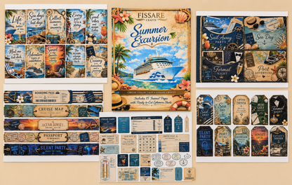 A coordinated set of nautical and summer-themed printed cards, labels, and small decorative pieces arranged on a beige background. The designs feature tropical beach scenes, cruise ship artwork, palm trees, seagulls, and vintage-style travel elements in blue, navy, tan, cream, and coral tones.