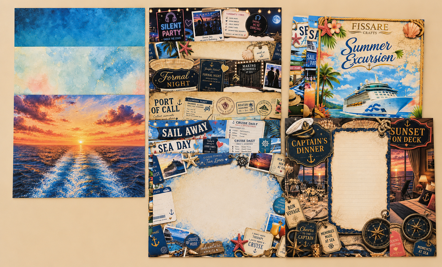 Three nautical-themed scrapbook paper designs displayed side by side on a beige background. The left sheet features a sunset over ocean waves with a boat wake.