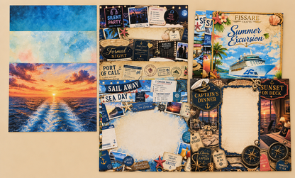Three nautical-themed scrapbook paper designs displayed side by side on a beige background. The left sheet features a sunset over ocean waves with a boat wake.