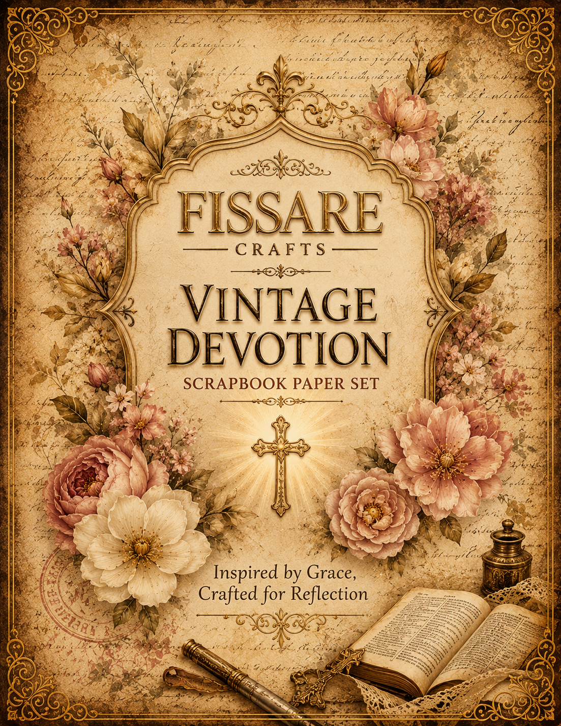 Fissare Crafts Vintage Devotion Scrapbook Paper Set cover featuring a vintage-style design with floral borders, a central ornate frame, a cross, and an open book on a parchment-like background.