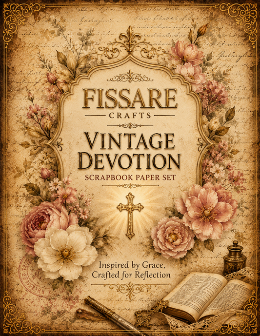 Fissare Crafts Vintage Devotion Scrapbook Paper Set cover featuring a vintage-style design with floral borders, a central ornate frame, a cross, and an open book on a parchment-like background.