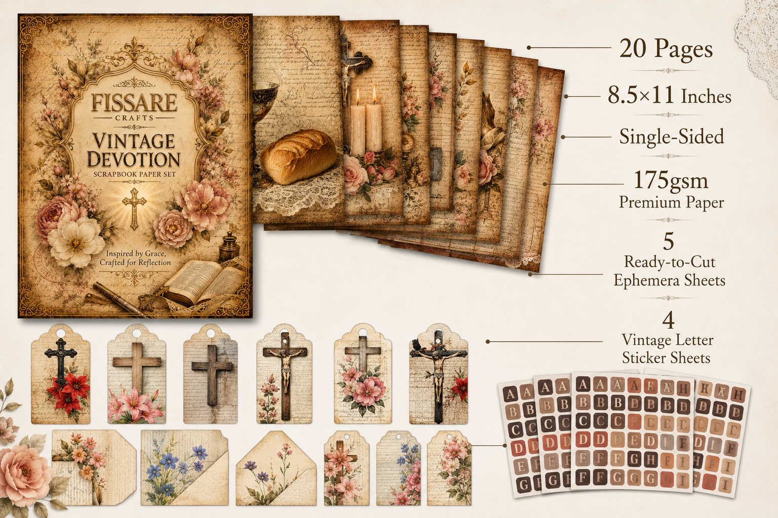 A product listing graphic for a 'Fissare' brand 'Vintage Devotion' paper ephemera set. The image shows the front cover of the paper pack, a fan of sample pages, a sheet of 5 letter stickers, and a sheet of 4 cross stickers, with text callouts detailing the 20 pages, 8.
