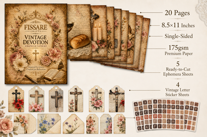 A product listing graphic for a 'Fissare' brand 'Vintage Devotion' paper ephemera set. The image shows the front cover of the paper pack, a fan of sample pages, a sheet of 5 letter stickers, and a sheet of 4 cross stickers, with text callouts detailing the 20 pages, 8.