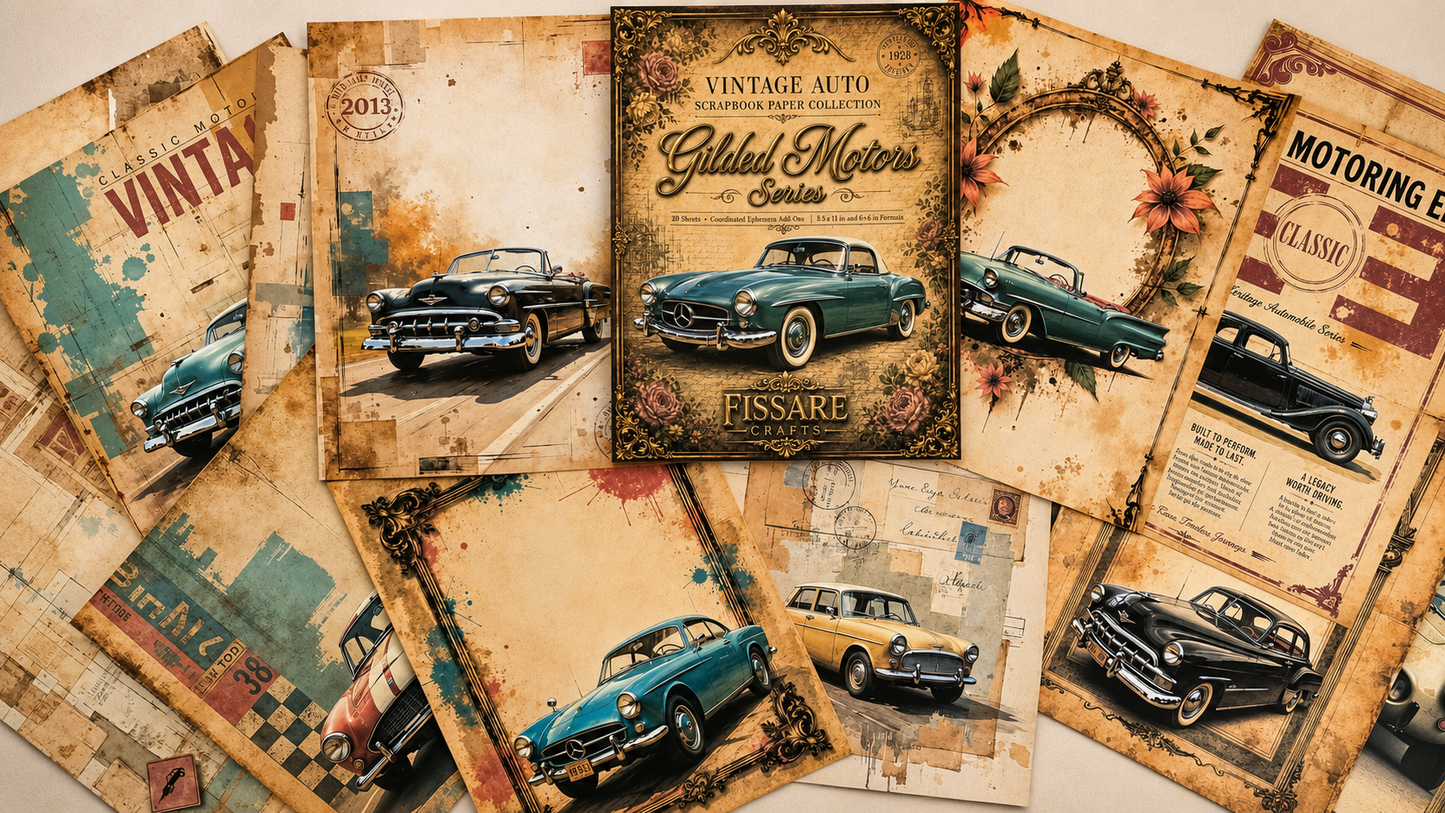 Gilded Motors Vintage Car Scrapbook Paper Set – 20 Sheets + 5 Ephemera Sheets, 8.5×11, 175 gsm