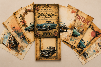 Gilded Motors Vintage Car Scrapbook Paper Set – 20 Sheets + 5 Ephemera Sheets, 8.5×11, 175 gsm