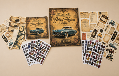 Gilded Motors Vintage Car Scrapbook Paper Set – 25 Loose Single-Sided Sheets, 175 gsm (8.5x11 & 6x6)