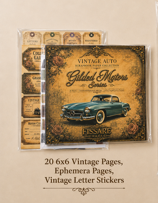 FISSARE Crafts Gilded Motors Scrapbook Paper pack with ephemera in the background and text below with product specifications.