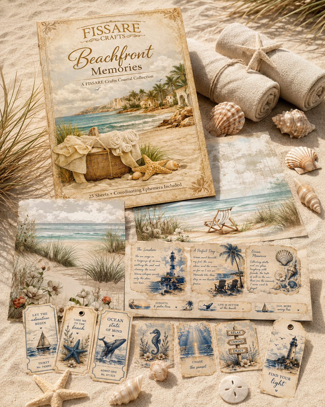 Fissare Crafts Beachfront Memories Scrapbook Paper Pack - 25 Beachfront & Coastal Themed Sheets