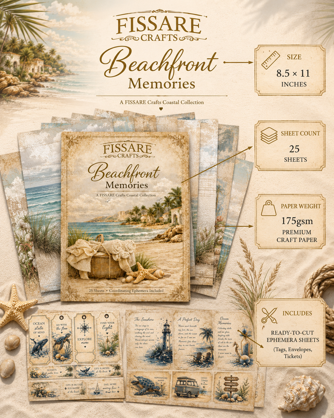 Fissare Crafts Beachfront Memories Scrapbook Paper Pack - 25 Beachfront & Coastal Themed Sheets