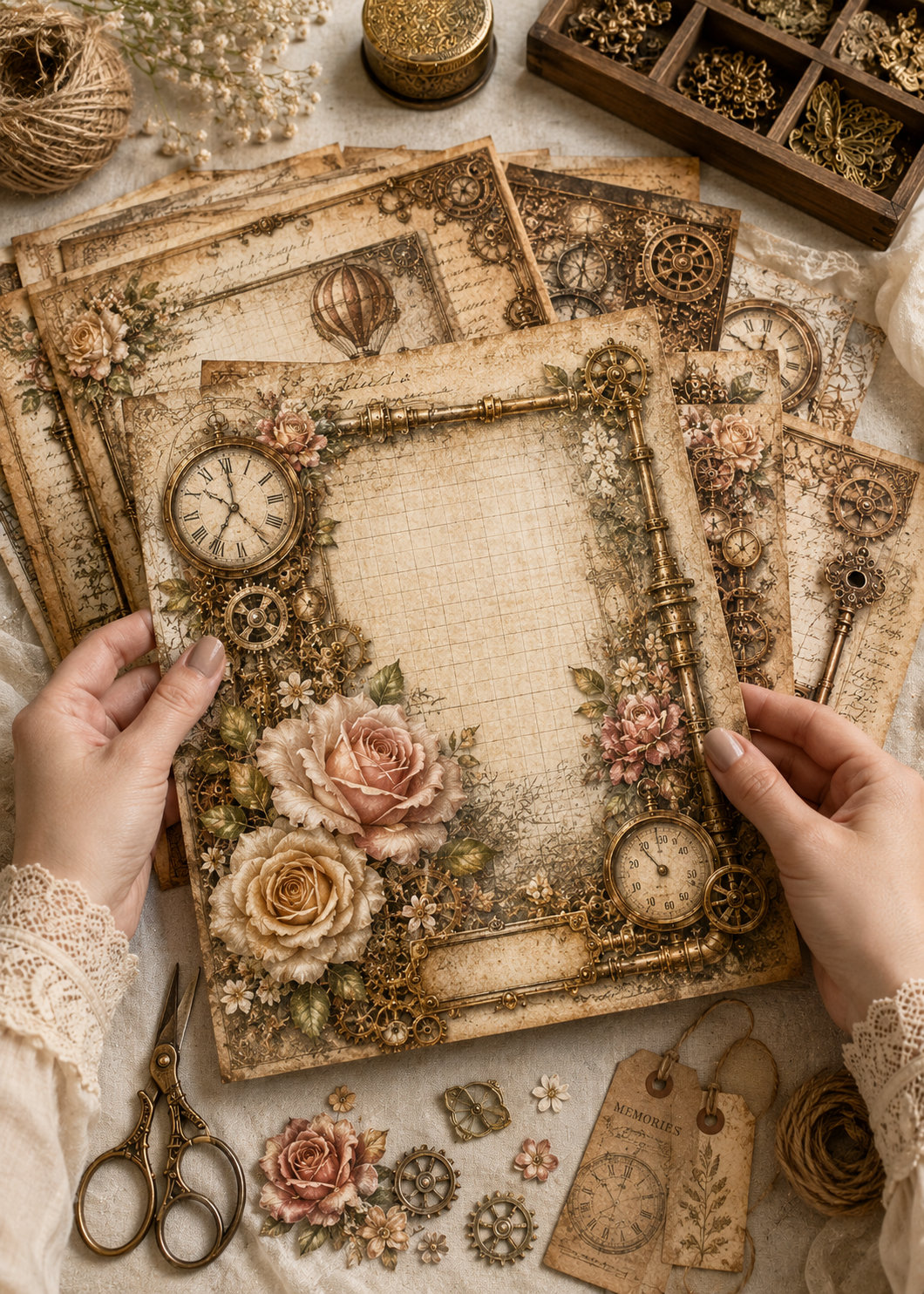 Victorian Clockwork Steampunk Scrapbook Paper Set – 20 Premium 8.5×11 Sheets