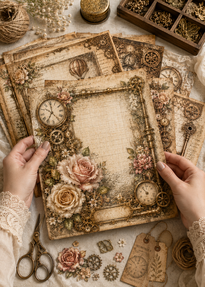 Victorian Clockwork Steampunk Scrapbook Paper Set – 20 Premium 8.5×11 Sheets