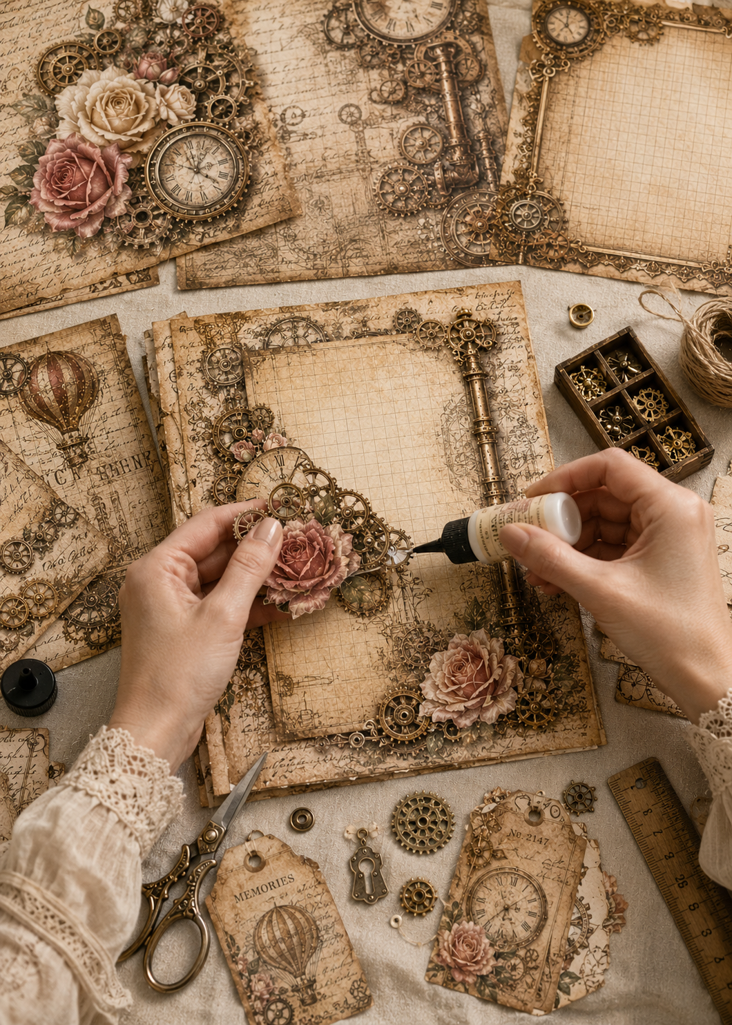 Victorian Clockwork Steampunk Scrapbook Paper Set – 20 Premium 8.5×11 Sheets