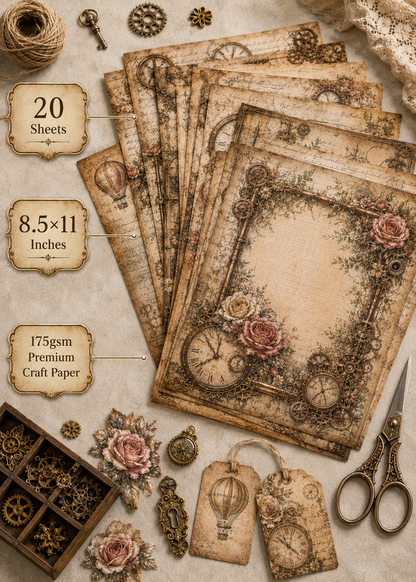 Victorian Clockwork Steampunk Scrapbook Paper Set – 20 Premium 8.5×11 Sheets