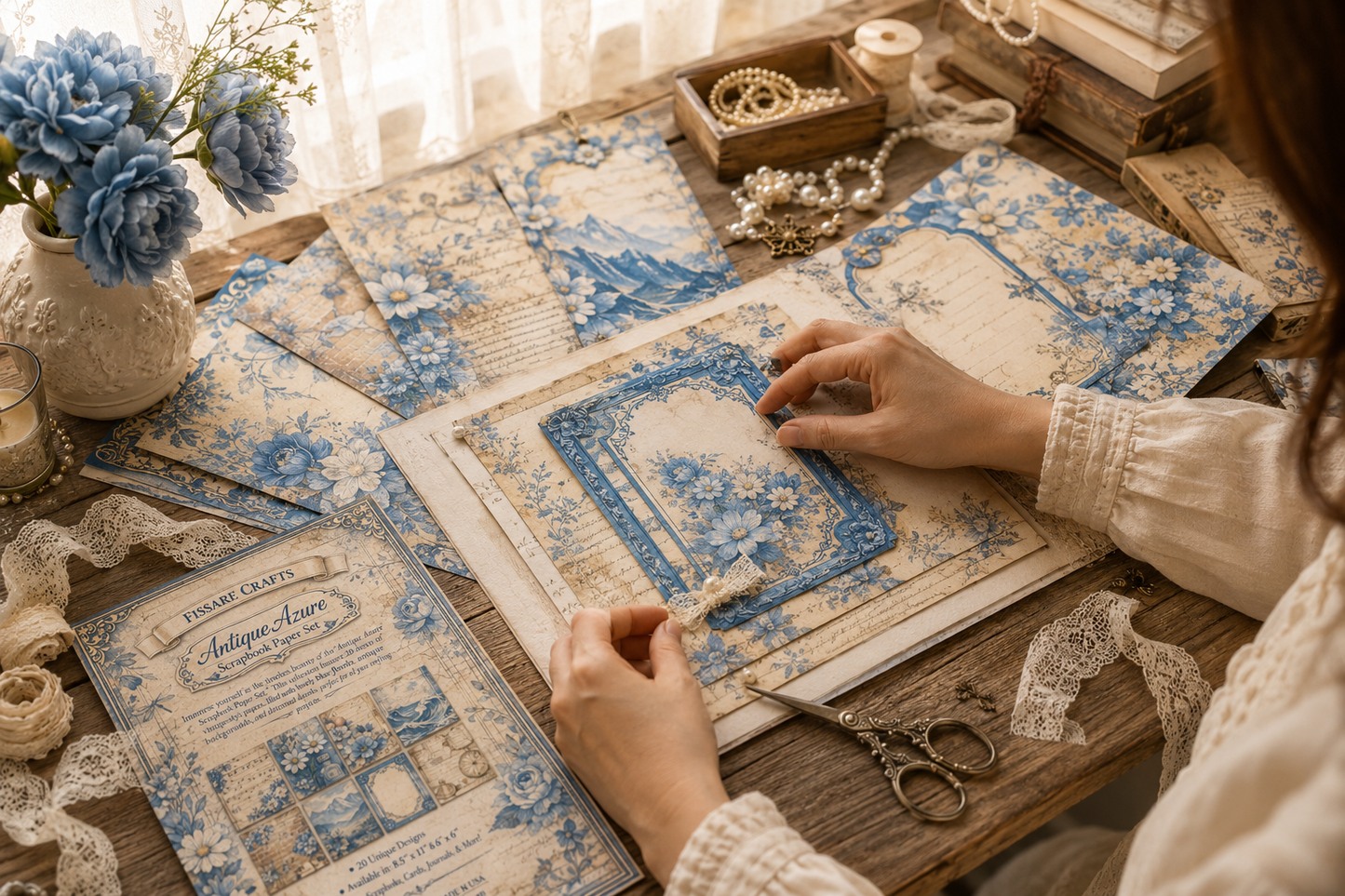 Antique Azure Vintage  Botanical Scrapbooking Bundle | 6x6 & 8.5x11 Papers, Washi Tape & Stickers