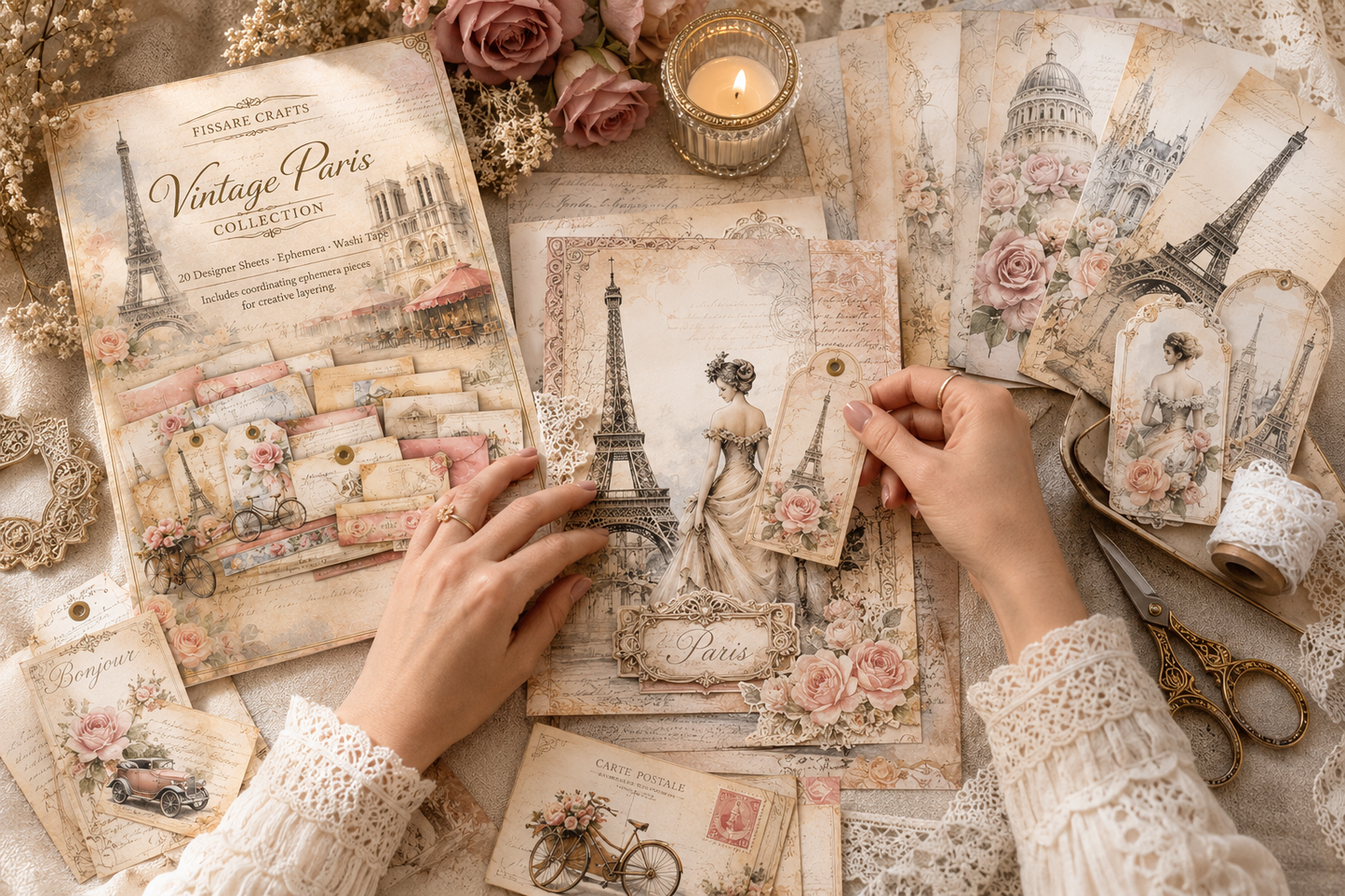 Vintage Paris Collection – 20 8.5x11 Romantic Scrapbook Pages + Coordinating Ephemera (Physical Pack)