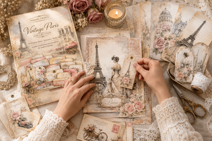 Vintage Paris Collection – 20 8.5x11 Romantic Scrapbook Pages + Coordinating Ephemera (Physical Pack)