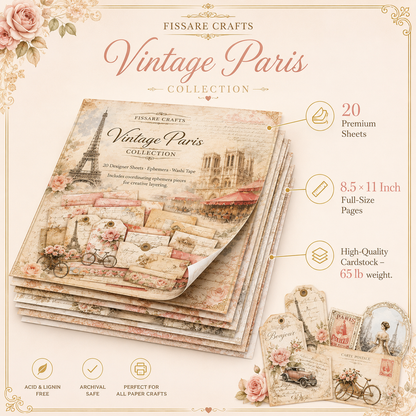 Vintage Paris Collection – 20 8.5x11 Romantic Scrapbook Pages + Coordinating Ephemera (Physical Pack)