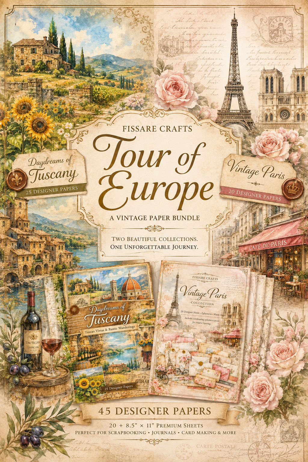 Tour of Europe Scrapbook Bundle – Daydreams of Tuscany + Vintage Paris (45 Premium 8.5×11 Pages + Coordinated Ephemera, Physical Pack)