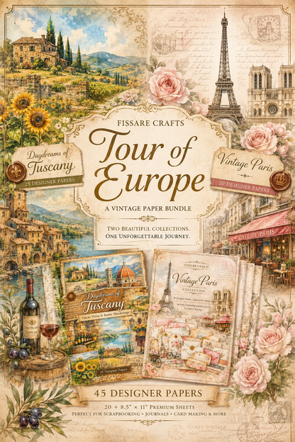 Tour of Europe Scrapbook Bundle – Daydreams of Tuscany + Vintage Paris (45 Premium 8.5×11 Pages + Coordinated Ephemera, Physical Pack)