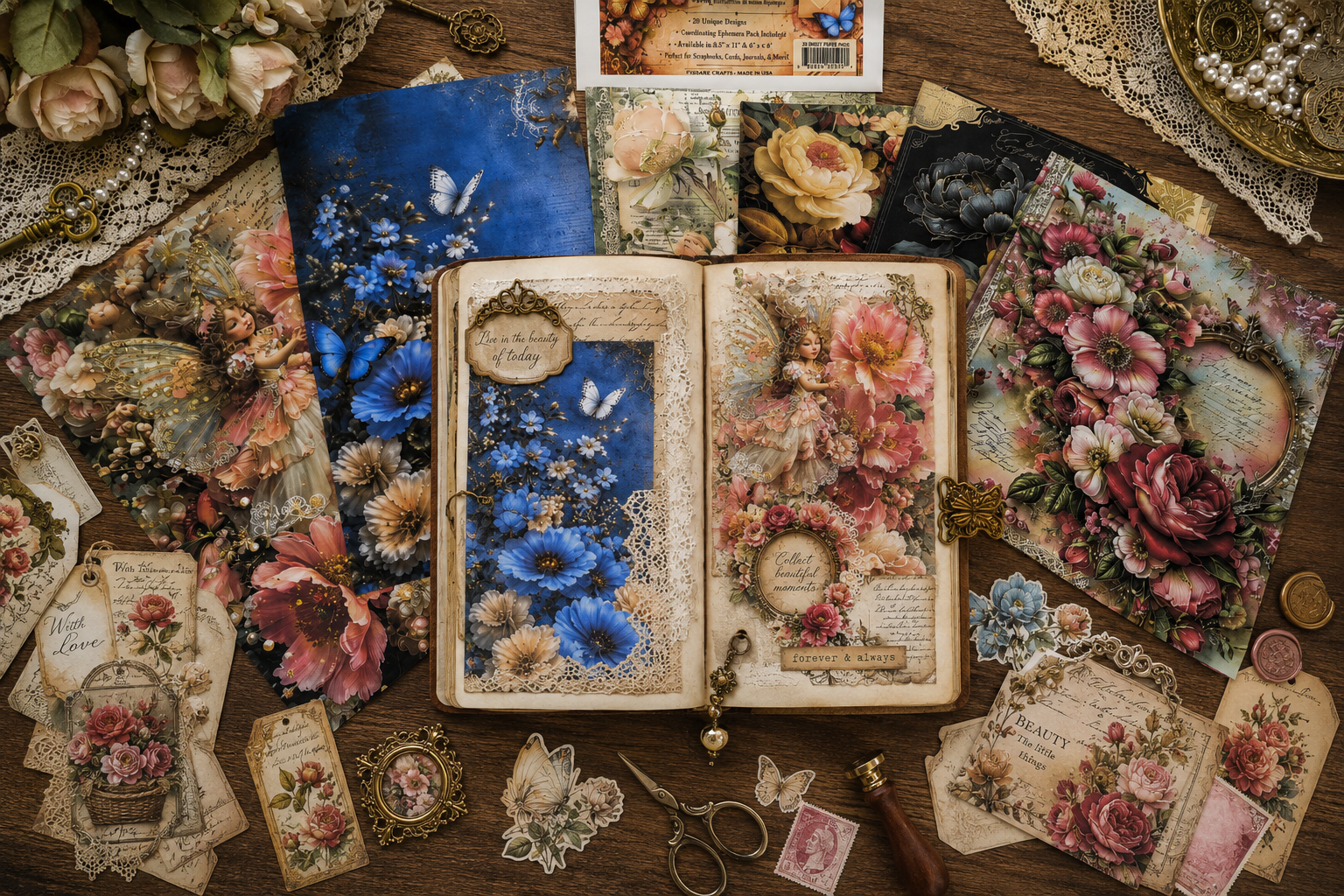 Open book with floral illustrations surrounded by vintage-style cards and decorative items on a wooden surface.